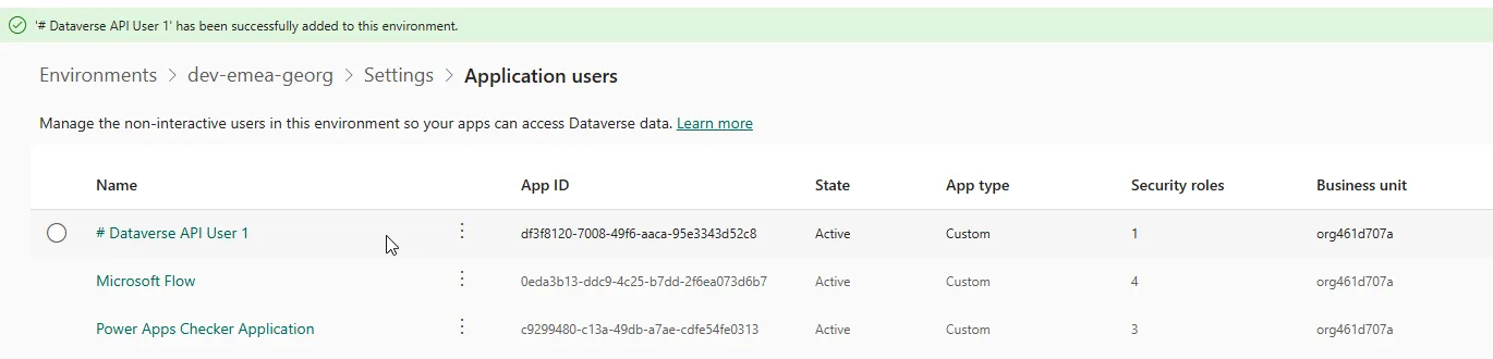 The created app user in the application users list