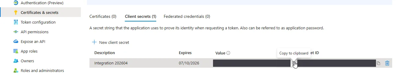 Client secret created with the value visible