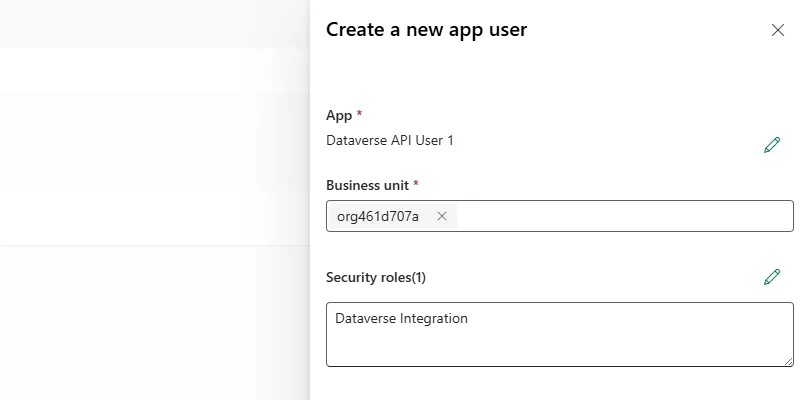 The create dialog with business unit and security role assigned