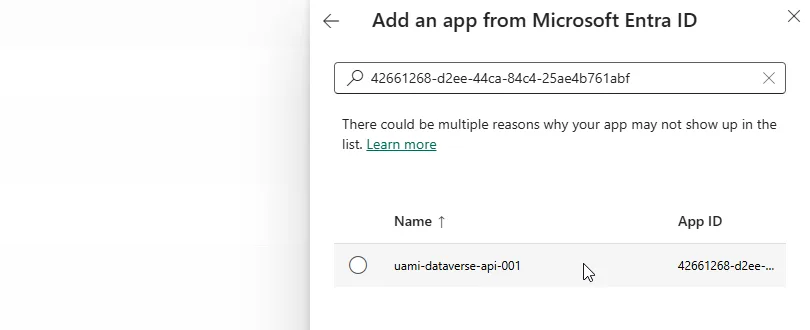 Searching for the managed identity by Client ID in the app picker