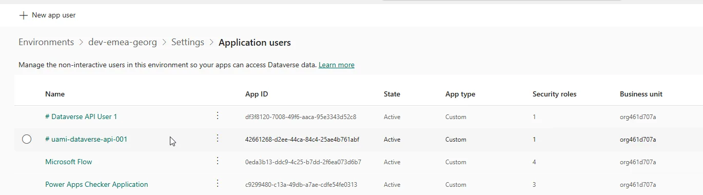 The created UAMI application user in the list